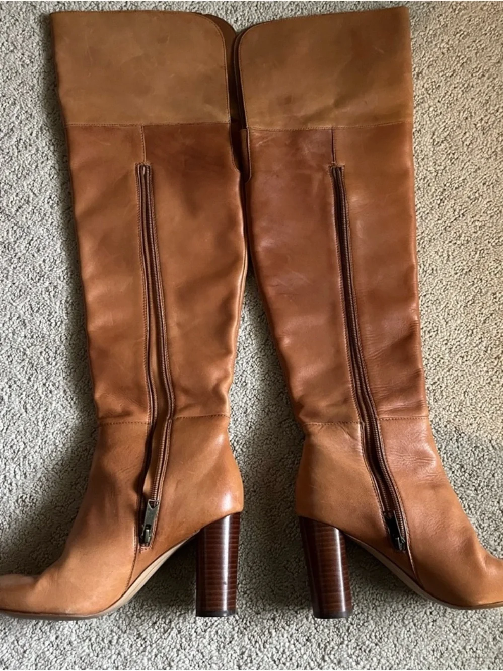 Women's Tall Leather Block-Heel Boots in Tan